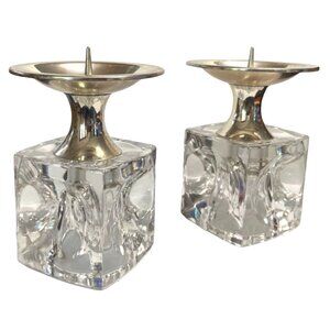 Vtg Rudolf Jurnikl Cut Glass Cube Candle Holder Chromed Silver Spike Sklo Union